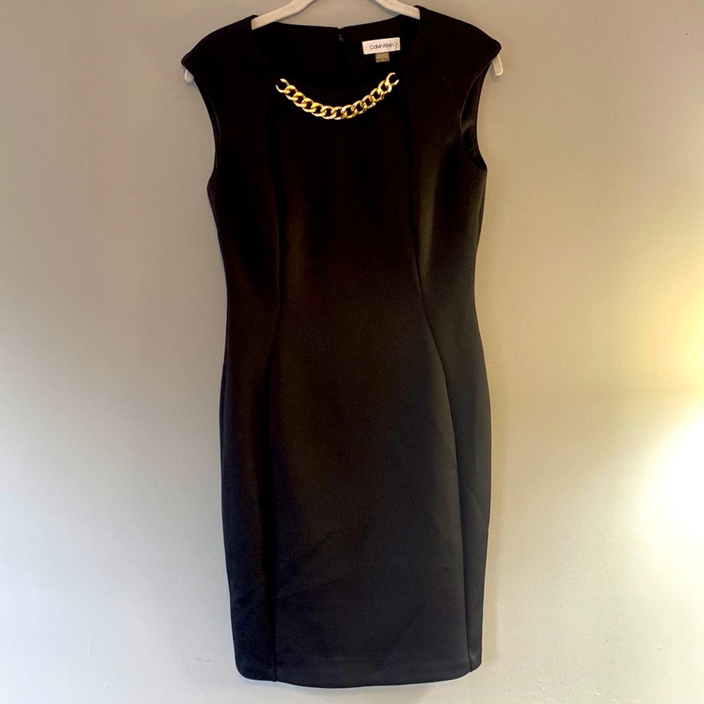 Knee Length Calvin Klein black dress w Chain detail, size 4